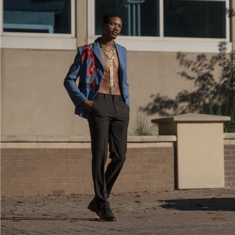 Stylish Blue Blazer with Red Floral Design